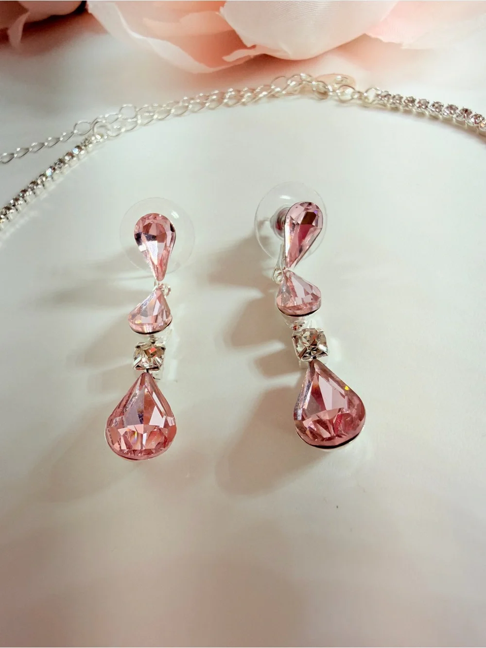 Pink Teardrop Crystal Necklace and Earring Set